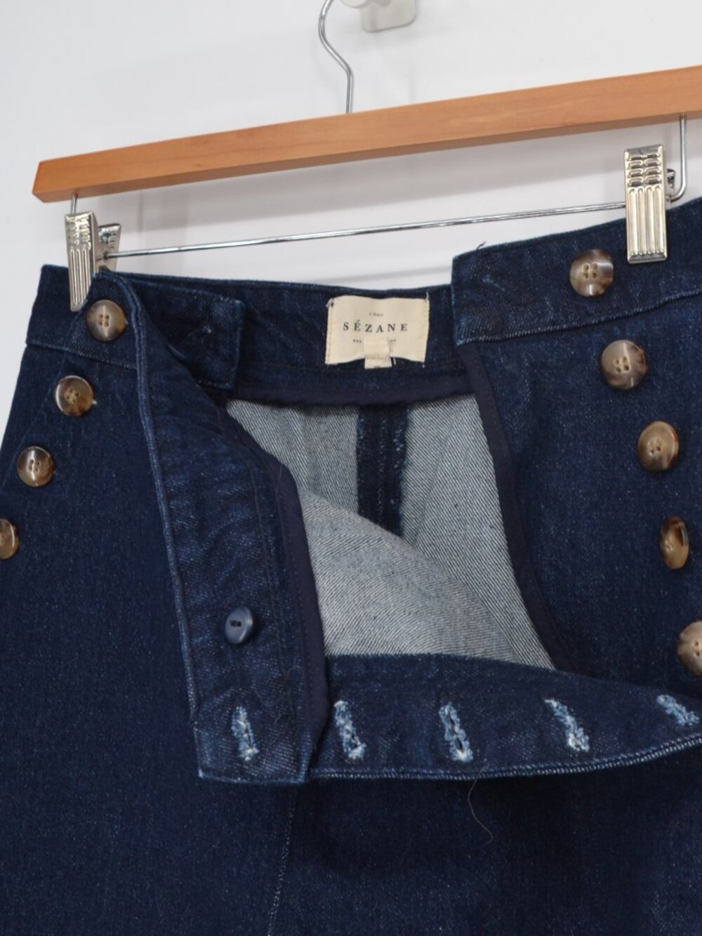 Sezane High Rise Wide Leg Navy Denim Button Front Pants Size 38 - Picture 5 of 9